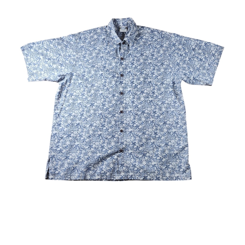 Go Barefoot Button Down Shirt Mens L Blue White Excellent Hawaiian Floral USA